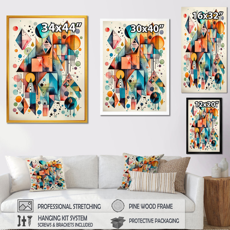 Bleu et orange géométrique équilibre I - salon moderne d'art mural géométrique, Impression noire sur toile encadrée