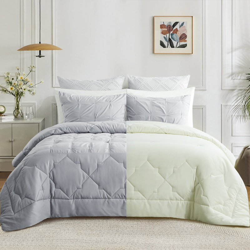  Ensemble d'édredon réversible en microfibre brodée 3 pièces Pintuck, Édredon pour très grand lit + 2 très grandes ta