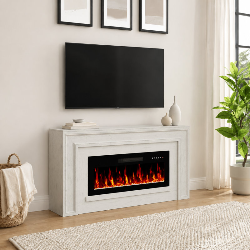 Meuble télé pour téléviseur de 75 po ou moins avec foyer électrique de 36 po, White