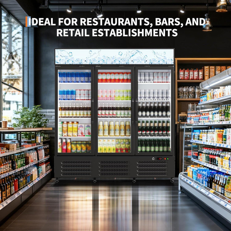 38.9 Cu.Ft. 3 Door Commercial Beverage Cooler, Frost-Free Display Refrigerator with 360° Cooling & LED Light, Black