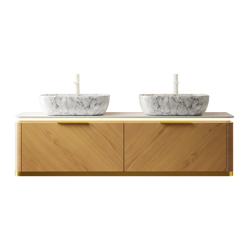 Meuble-lavabo de salle de bain 60 po avec 2 vasques en marbre, plateau en pierre frittée, capteur, glissières de tiroir à fermeture en douceur, armoire en contreplaqué de haute qualité au fini foncé avec éclairage DEL à détection automatique,