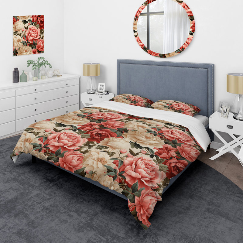 Literie à motif floral rétro II, Housse de couette simple + 1 taie décorative stan