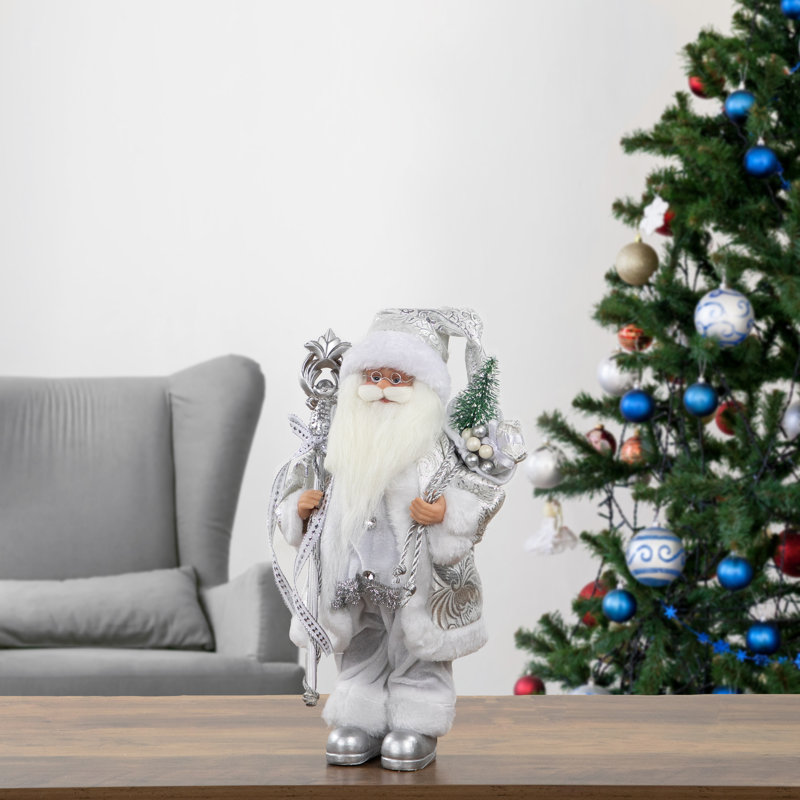 Figurine de Noël 12 "blanche et argentée avec bâton et cadeau