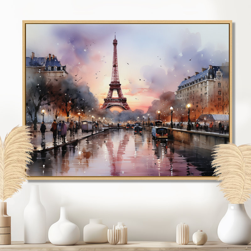 «Pink Twilight Rendezvous In Paris III» - Art mural, parcs d'attractions, H 30 po x l 40 po x P 1,5 po, Cadre flottant érable