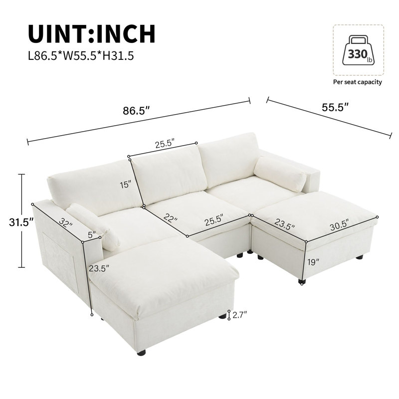 86.5'' Chenille Modular Sectional Sofa with Storage Pockets, 5 Seat U Shaped Couch Set with 2 Movable Ottoman, White