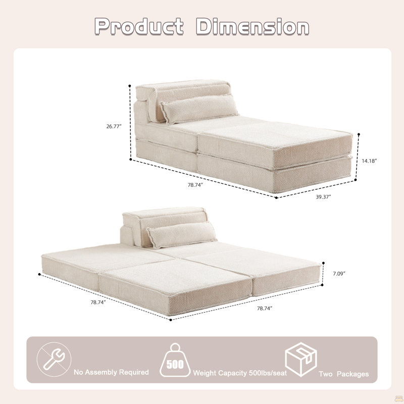 Compression Mahjong Sofa,Convertible Floor Sofa Bed,DIY Boneless Modular Sectional Sofa,No Assembly Required, White Fabric