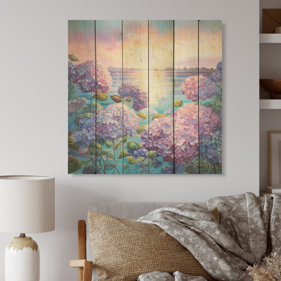 Hortensia mauve par The Late - Art mural en bois sur bois de pin naturel