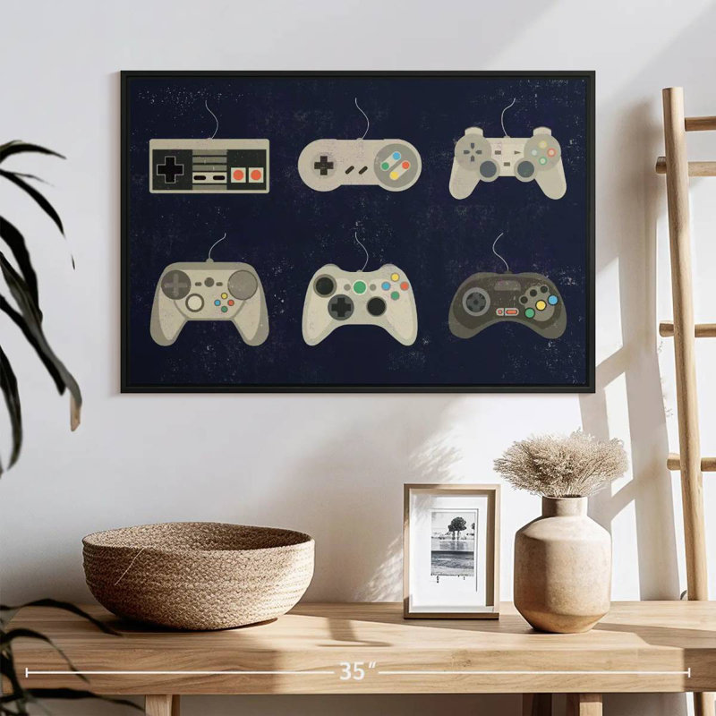 Video Game Controller Evolution, 25" X 17", Floating Frame Black