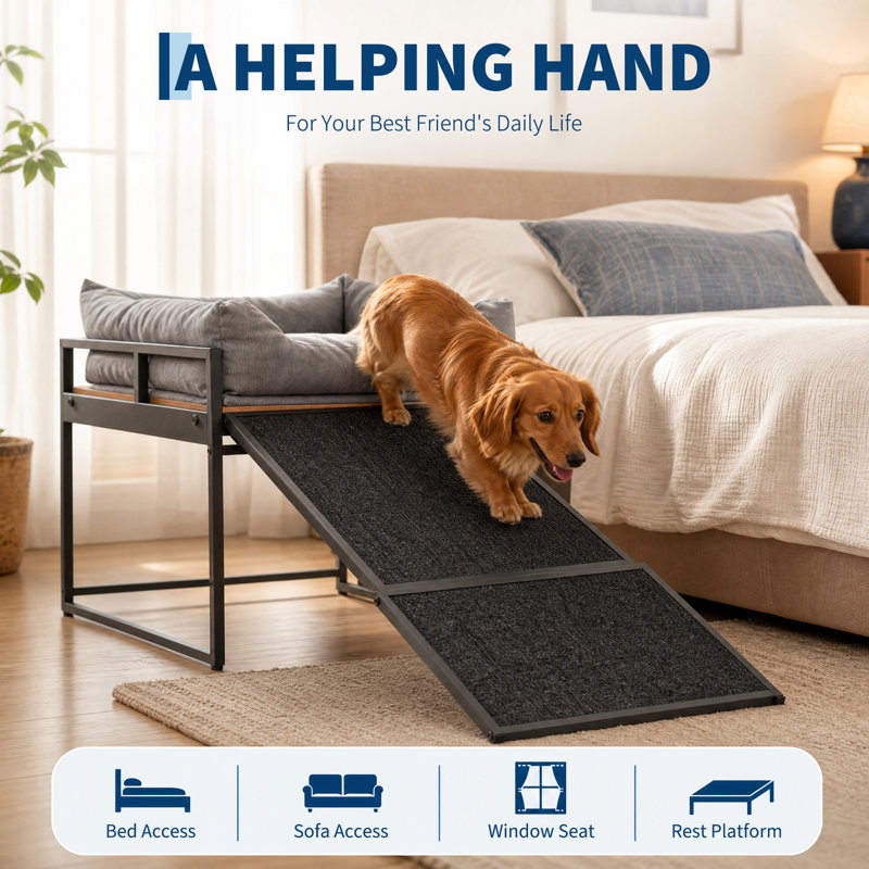 Lit surélevé pour chien avec rampe antidérapante, plateforme rembourrée confortable pour animaux de compagnie