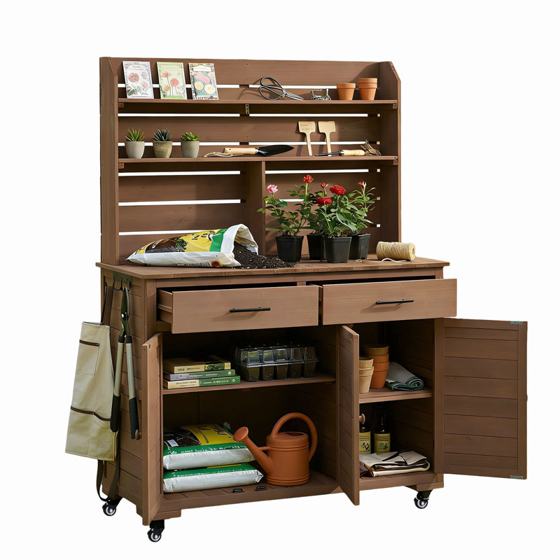 Grand banc de rempotage de jardin de 65 po de hauteur avec roues verrouillables et armoire de rangement, chariot de préparation pour îlot de cuisine d'extérieur en bois avec huche, tiroirs et tablettes de retrait pour griller