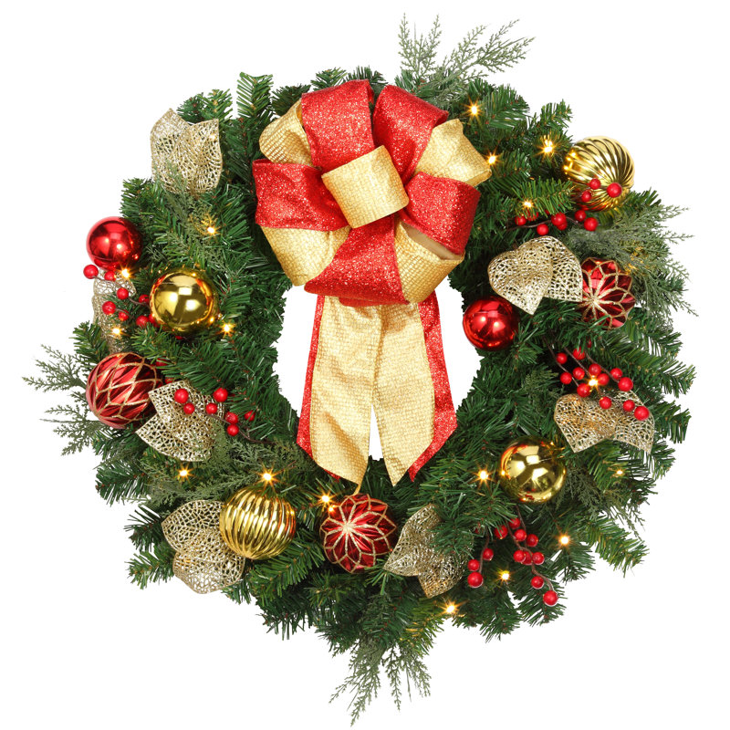24'' Green and Gold Artificial Christmas Wreath with LED Lights
