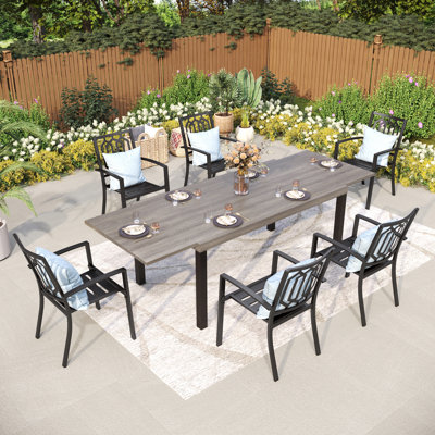 Rectangle Outdoor Patio Dining Set Wooden-look Expandable Heavy Duty Metal Table With Stackable Chairs