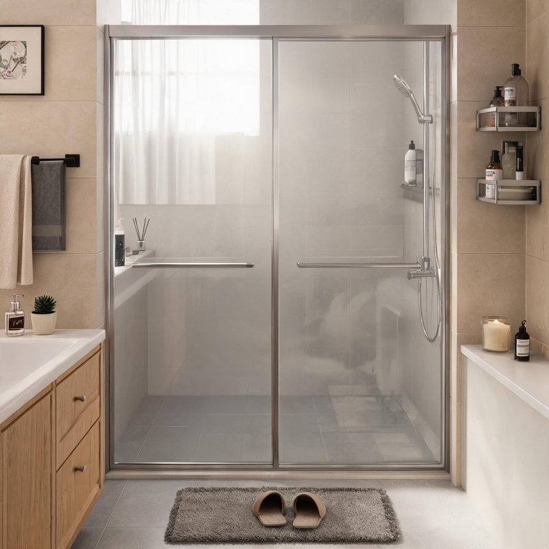 Porte de douche coulissante double avec cadre en aluminium chromé, verre trempé transparent et poignée en acier inoxydable, de 112 à 122 cm de large.
