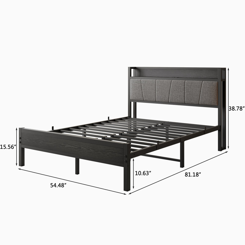 Full Size Bed Frame, Storage Headboard With Charging Station, Solid And Stable, Noise Free, No Box Spring Needed,, Black