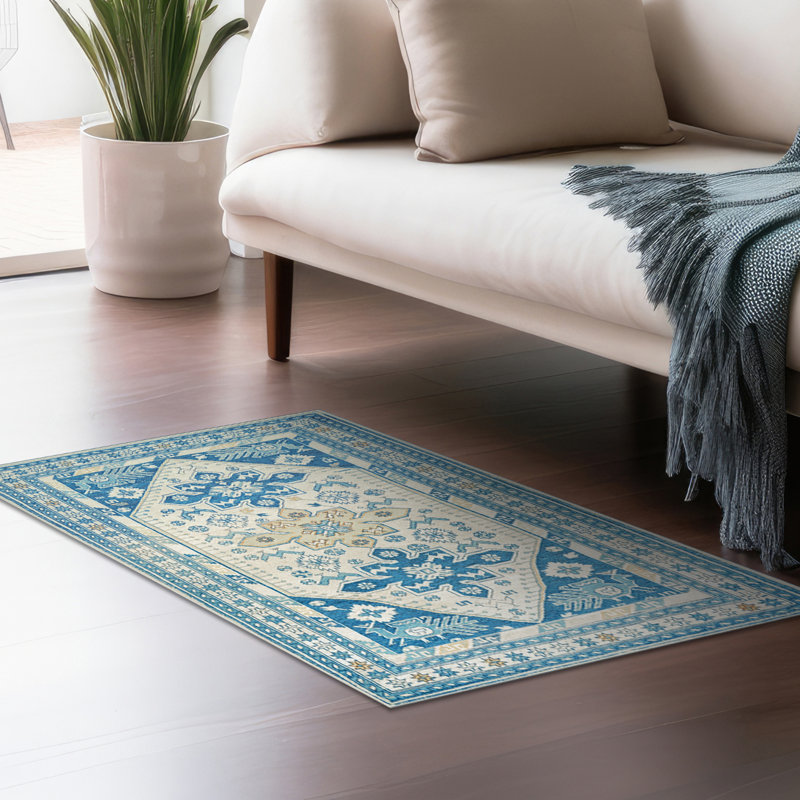 Tapis Saraz Blue avec envers antidérapant, Rectangulaire 3 pi x 5 pi