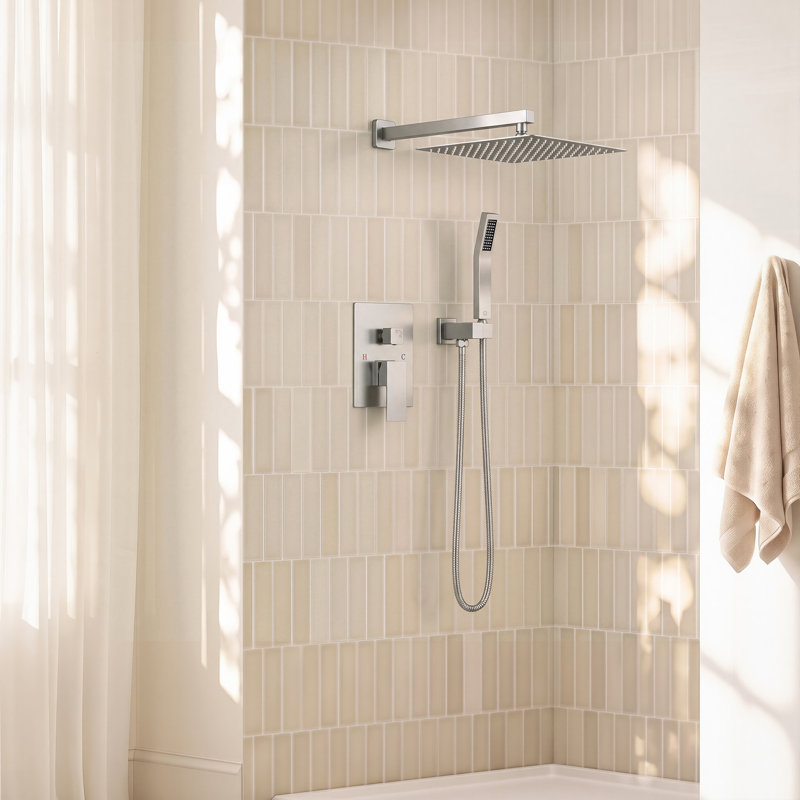 Système de tête de douche à pluie murale 12 po avec robinet et corps de robinet brut, Nickel brossé