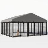 120"x118"x72" Dog Kennel Outside, Large Outdoor Dog Kennel with Feeding Door and Double Lock, Heavy-Duty Weatherproof Dog Cage and Dog Fence with Roof, Dog House Outdoor for Large Dogs, Easy Assembly