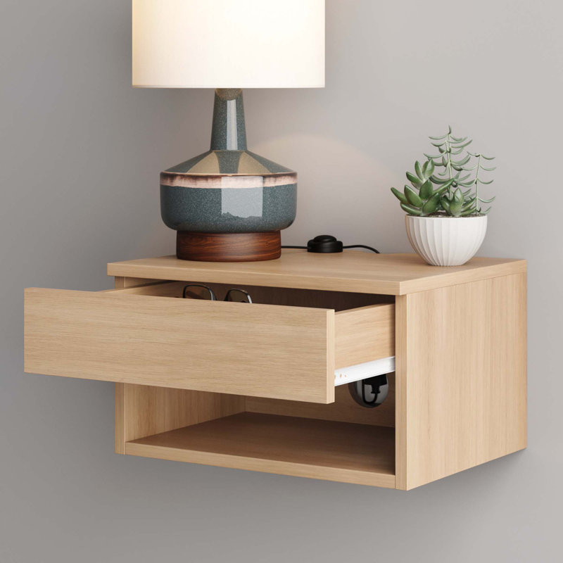 Light Oak Floating Wall-Mount Nightstand with Drawer and Shelf