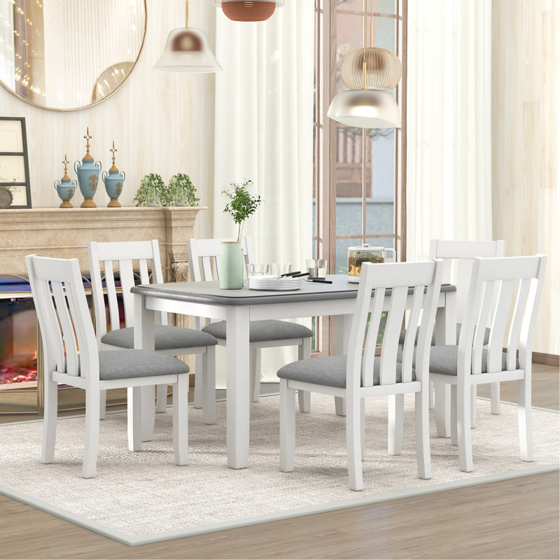 Ensemble de table de salle à manger 7 pièces de style rétro avec table extensible et 6 chaises rembourrées (gris et blanc)