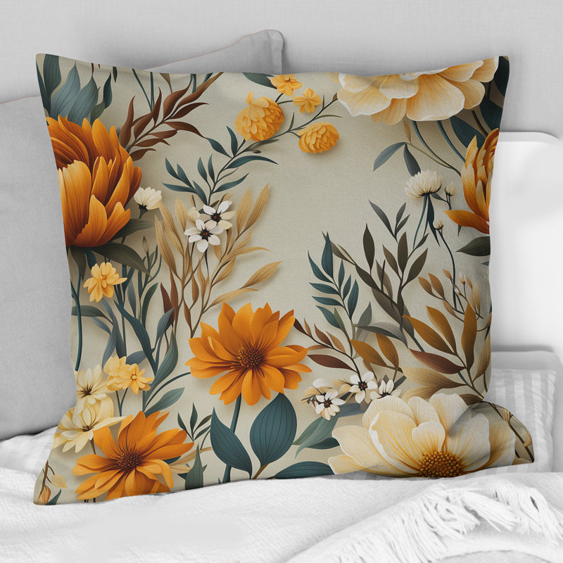 Harmonie botanique naturelle orange et verte - Coussin décoratif imprimé botanique, 18 po x 18 po