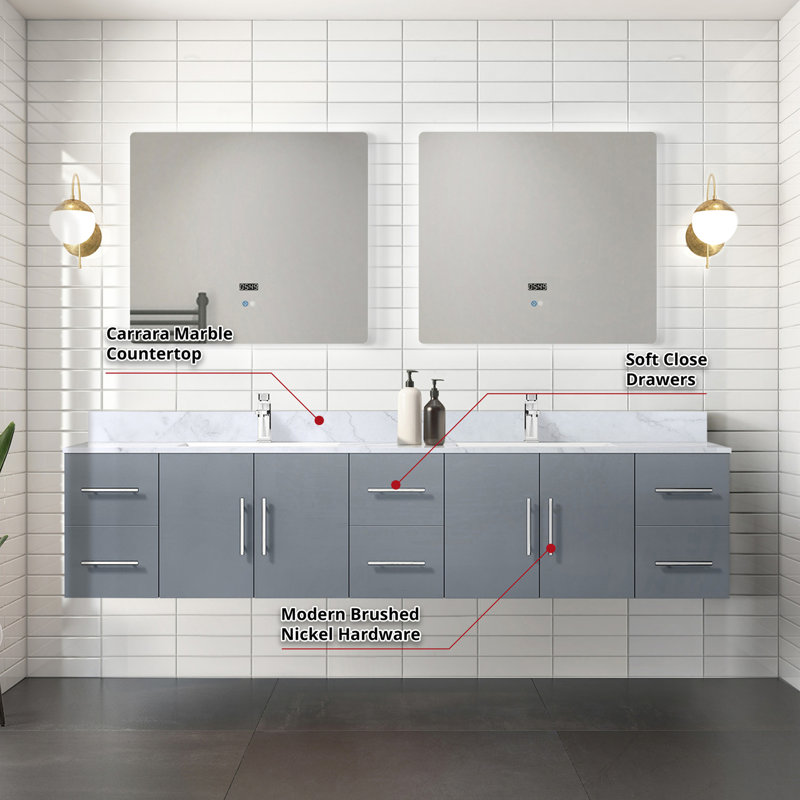 Meuble-lavabo double l 84 po x P 22 po, comptoir en marbre de Carrare, ensemble de robinet et miroirs à DEL 36 po, Gris foncé