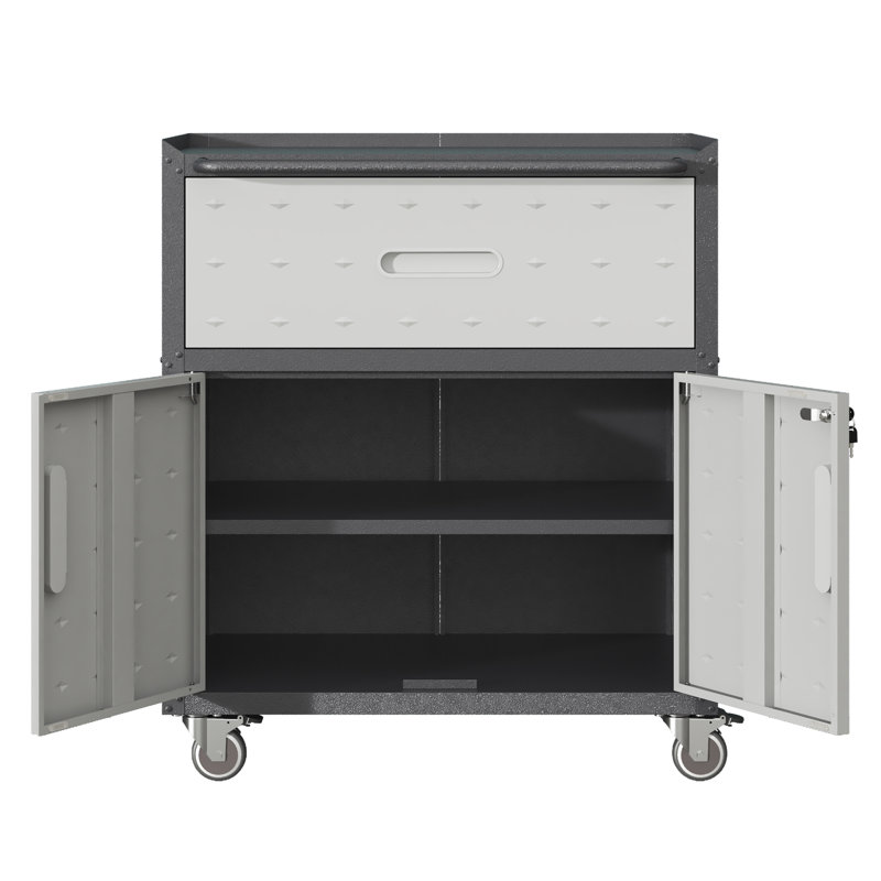 Armoire à outils en métal robuste et durable pour le garage avec roues - Armoire de rangement mobile robuste avec 1 tiroir et 2 portes verrouillables, armoire de rangement à outils roulante, noir et gris