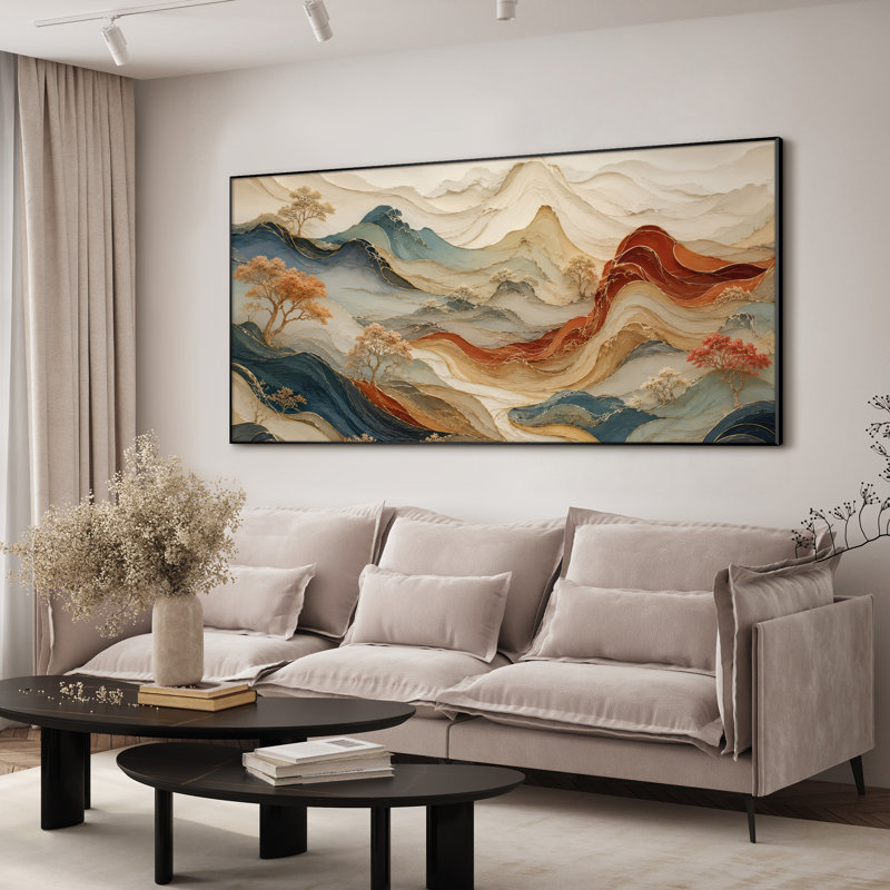 Très grand art mural imprimé sur tissu - Montagnes abstraites orange et vertes, décoration de salon moderne - "Assemblage requis du cadre (cadre non fini)"
