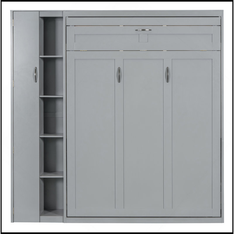 Full Size Murphy Bed Wall Bed With Shelves, Wardrobe And LED Lights, Gray