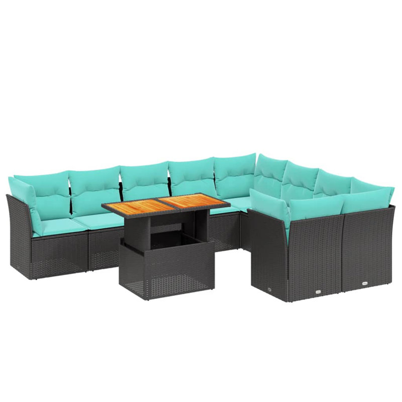 Ensemble de canapé de patio 10 pièces avec coussins en rotin de polyester, Bleu clair, Noir