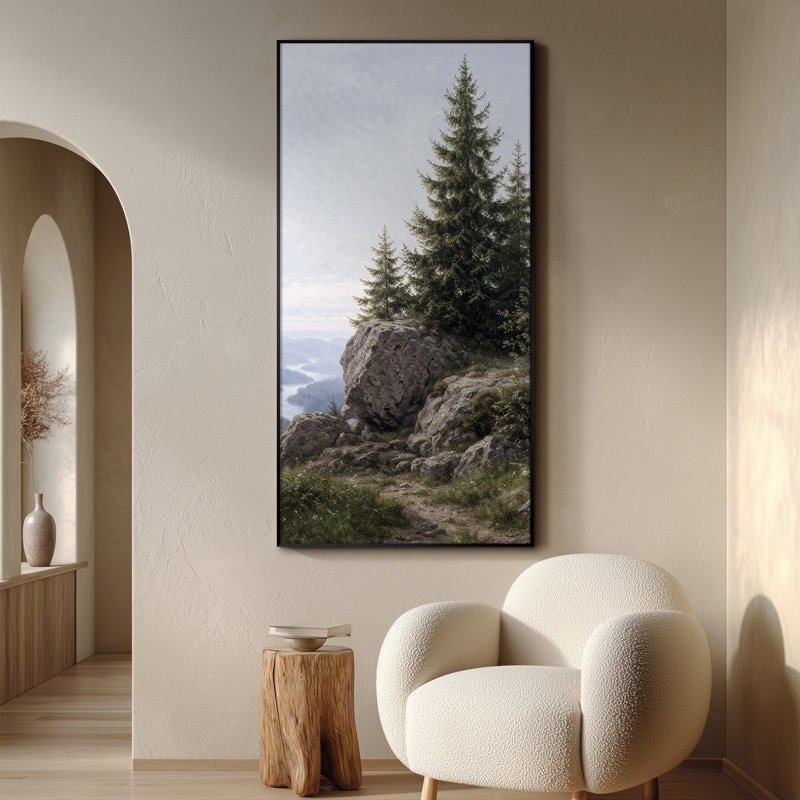 Très grand art mural imprimé sur une falaise de montagne sereine avec des arbres à feuilles persistantes donnant sur le paysage de Misty Valley pour le salon ou la chambre à coucher - «Assemblage requis (cadre non fini)»