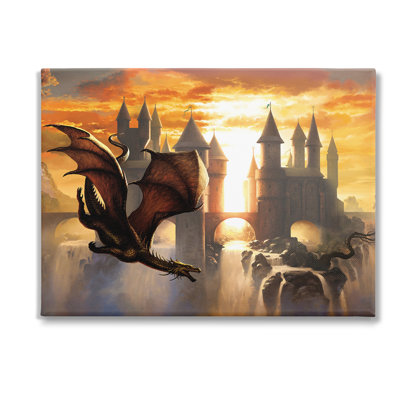 Dragon & Castle Waterfall Canvas Wall Art Design By Ciruelo