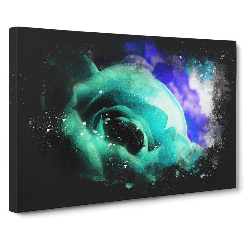 Teal Rose Flower Paint Splash - Wrapped Canvas, 35cm H x 50cm W x 3cm D