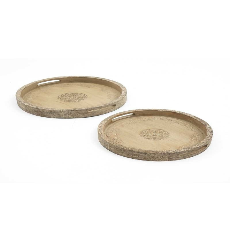 Plateau de service rond en bois de manguier de 18 pouces, plateau décoratif en bois naturel rustique sculpté à la main avec poignées découpées pour table basse, salle à manger et meuble-lavabo