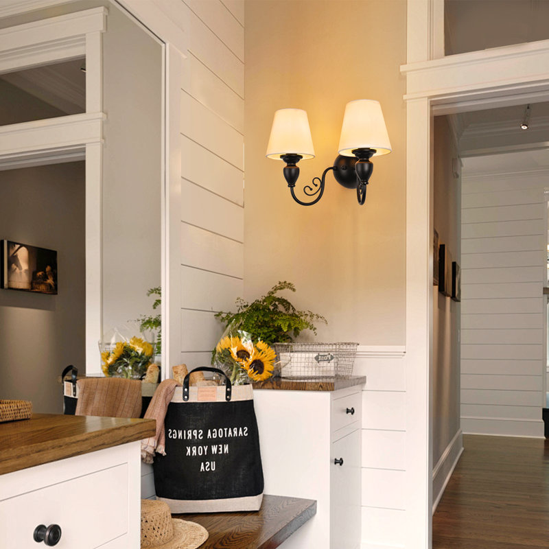 2-Light Matte Black Wall Sconce with White Fabric Shades, Farmhouse Scrollwork Wall Light Fixture for Bathroom Vanity, Hallway, Bedroom