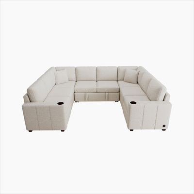 107.1" Sectional Sofa Convertible Pull-out Sofa Bed U-shaped Sofa for Living Room, Beige