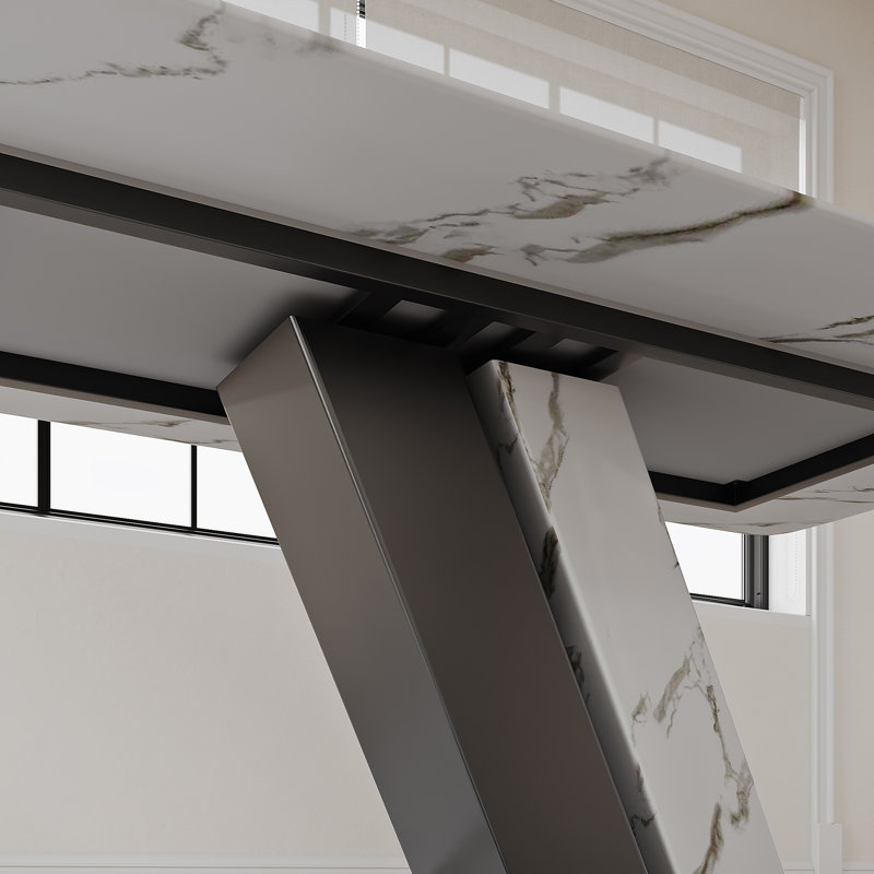 Modern White Rectangular Sintered Stone Dining Table with Z-shaped Pedestal Base, 29.53"H x 63"L x 35.43"W, Black