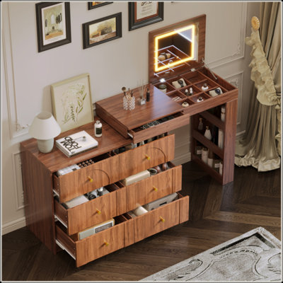 Vanity Desk With Mirror And Lights, Makeup Vanity Table With Flip-Top Tabletop And Storage 7 Drawers, 9 Compartments, 3 Shelves, 3 Color Modes Adjustable Makeup Table For Bedroom