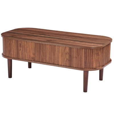 Table basse à plateau relevable de 39,4 po, table basse ovale cannelée avec 3 compartiments cachés, bureau central ovale en bois de style Mid-Century avec rangement, plateau de table relevable pour la maison et le bureau, assemblage facile, noyer