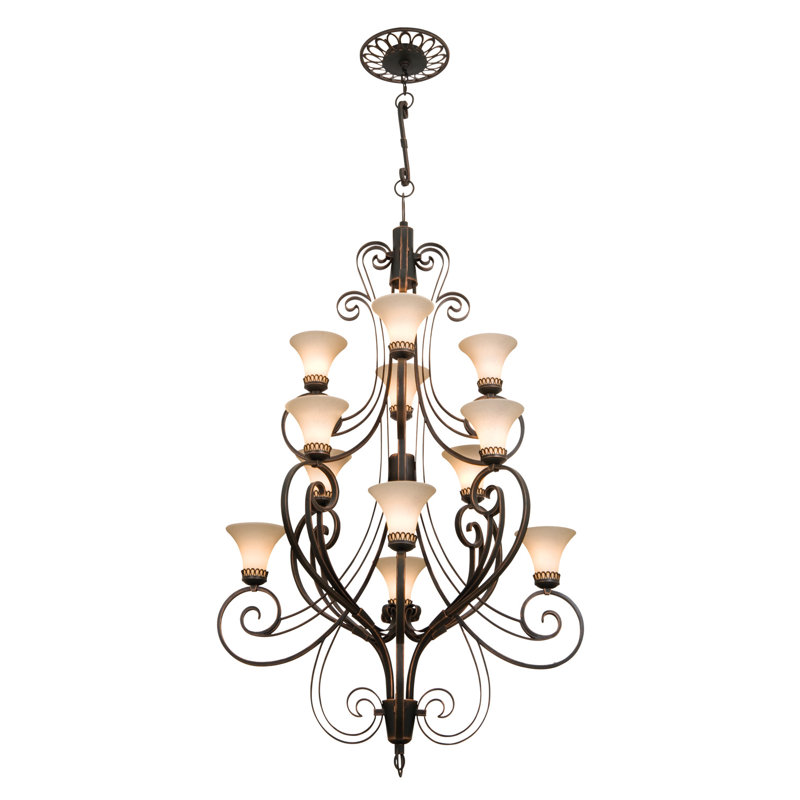 Lustre classique/traditionnel 12 lumières ombrées Mirabelle, Cuivre antique, Flambée