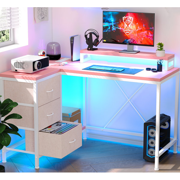 Ebern Designs L-shaped Desk With Power Outlets & Led Lights – Pink ...