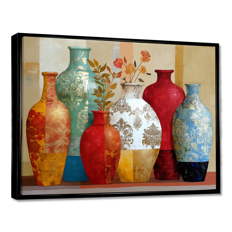 «Boho Plants Moroccan Vases - Morocco Pottery», reproduction d'art sur toile rouge, H 12 po x l 20 po, Cadre flottant, Noir