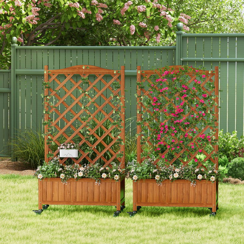 Boîte à fleurs en bois surélevée pour jardin mobile 50 pièces H 2 pièces avec treillis et roues, Brun