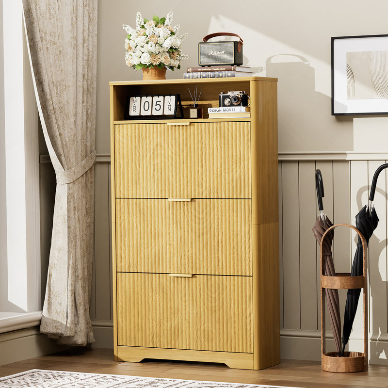 Freestanding Shoe Storage Cabinet  With 3 Flip Drawers For Entryway, Natural