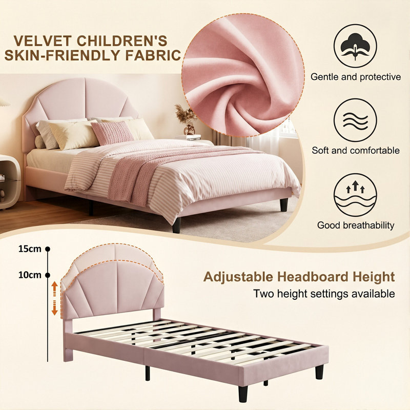 UK & EU Kids Velvet Bed Frame, Scalloped Shell Upholstery Bed with Height-Adjustable Headboard, Beige/Pink, Pink