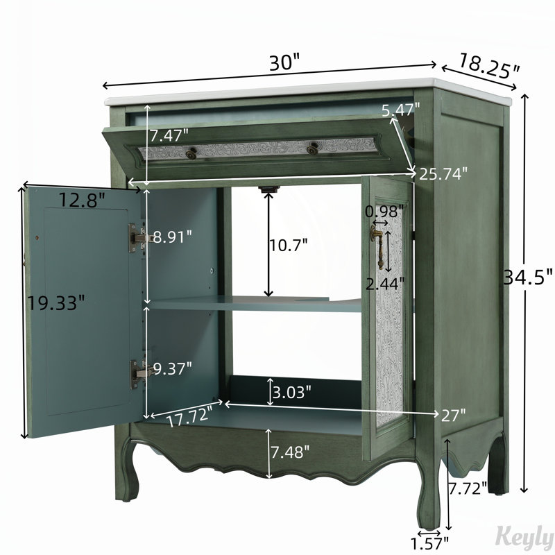 Meuble-lavabo 30 po à motif antique avec lavabo rectangulaire en céramique
