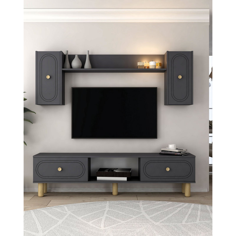 Modern TV Unit with Wall Shelf, Anthracite , 59.1 x 17.6 x 11.6 inches | 100% Melamine Coated Particle Board, Thickness: 0.7 inches | Features Numerous Shelves, Wall-Mountable Design, Stylish & Functional Home Furniture