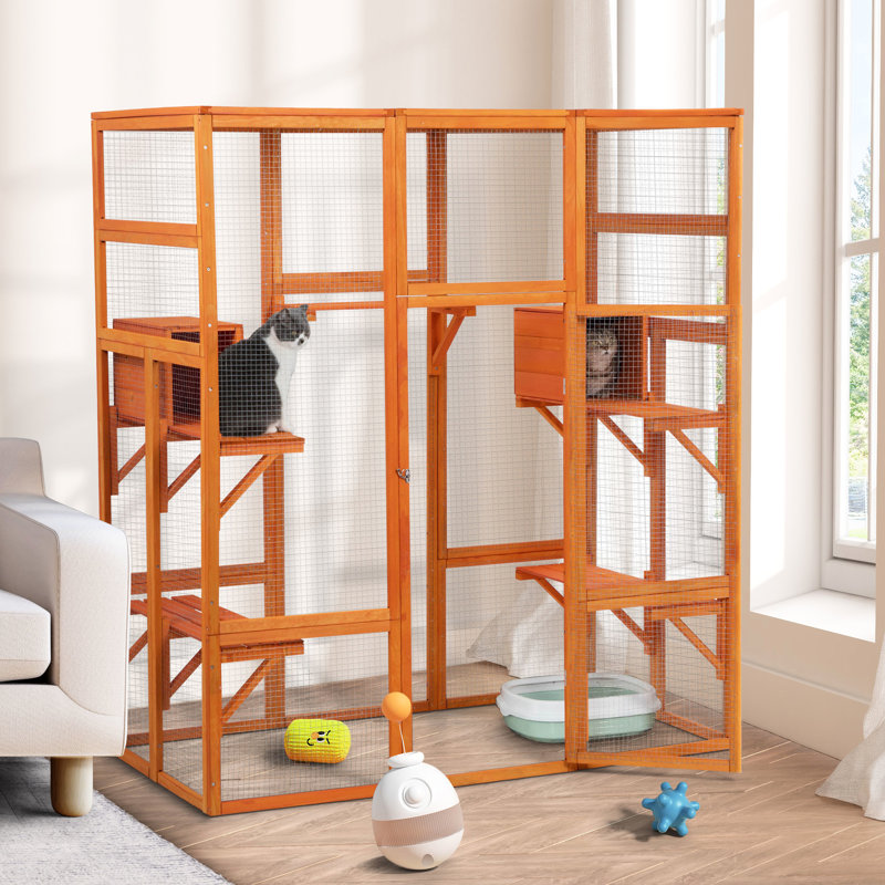 Spacieux abri pour chat orange - 5 perchoirs, 2 condos, animaux de compagnie verrouillables à partir d'une enceinte avec espaces de repos permettant de se détendre