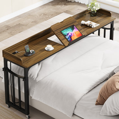Letrece 70.86'' W Height Adjustable Overbed Table with Power Outlet, Rolling Bed Desk