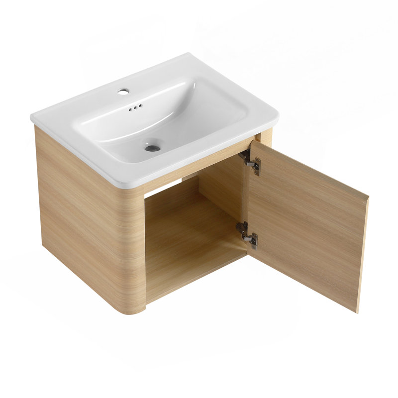 Meuble-lavabo mural 60 po avec lavabo en céramique blanche et tablettes de rangement et 2 portes à fermeture en douceur, contreplaqué, chêne blanc