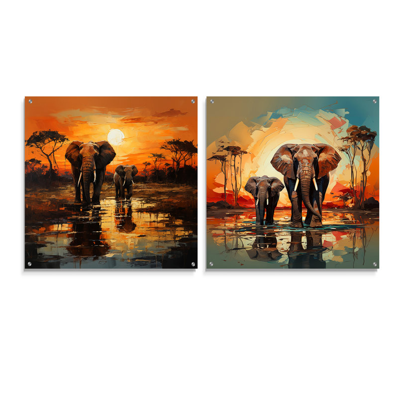 Éléphants d'Afrique gracieux en mouvement - ensemble d'art mural en verre acrylique éléphant de 2, H 16 po x l 33 po